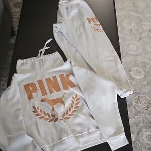 PINK Victoria's Secret White and Pink Cozy Sweater And Jogger Set